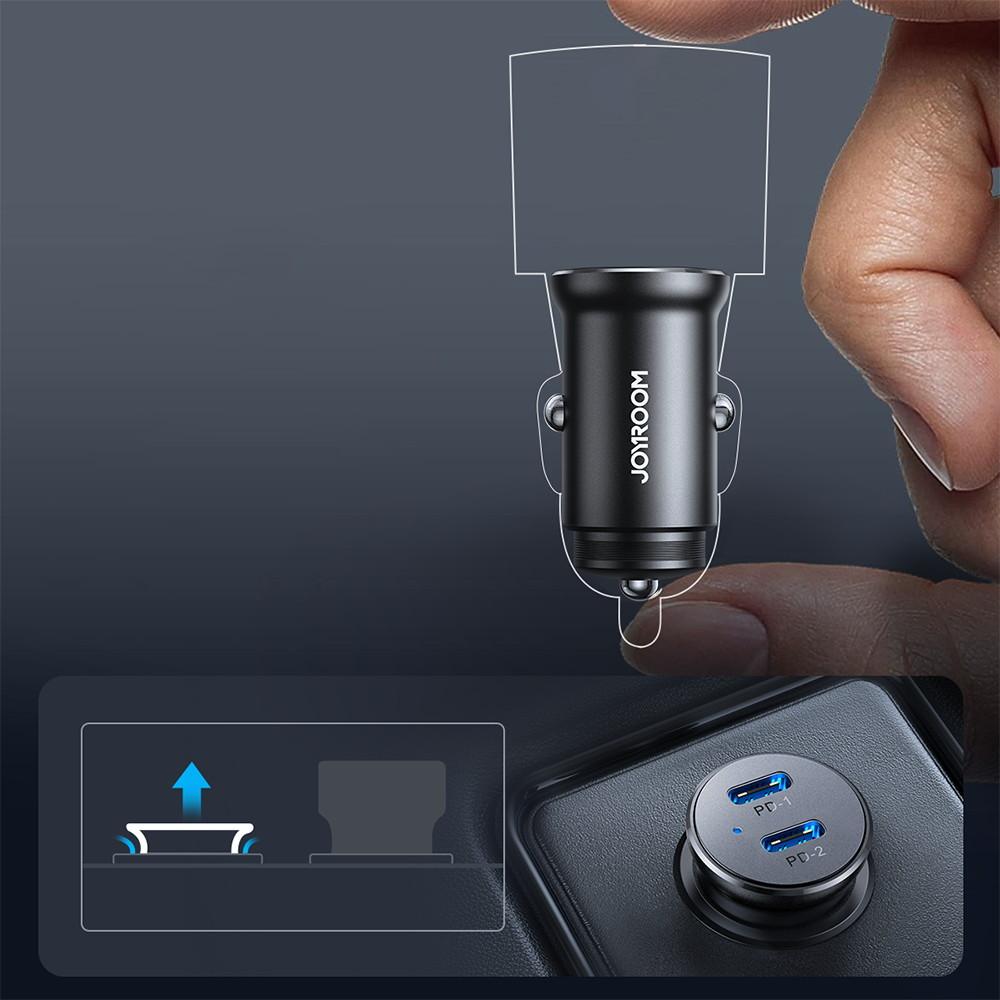 Joyroom JR-CCN06 30W Dual USB-C Car Charger – Elegant Black Metal, Space-Saving Design