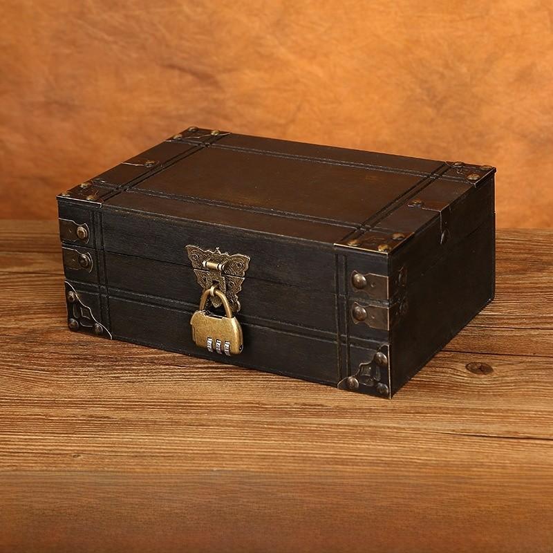 Vintage Chinese Style Wooden Square Storage Box With Lock For Desk Organizer
