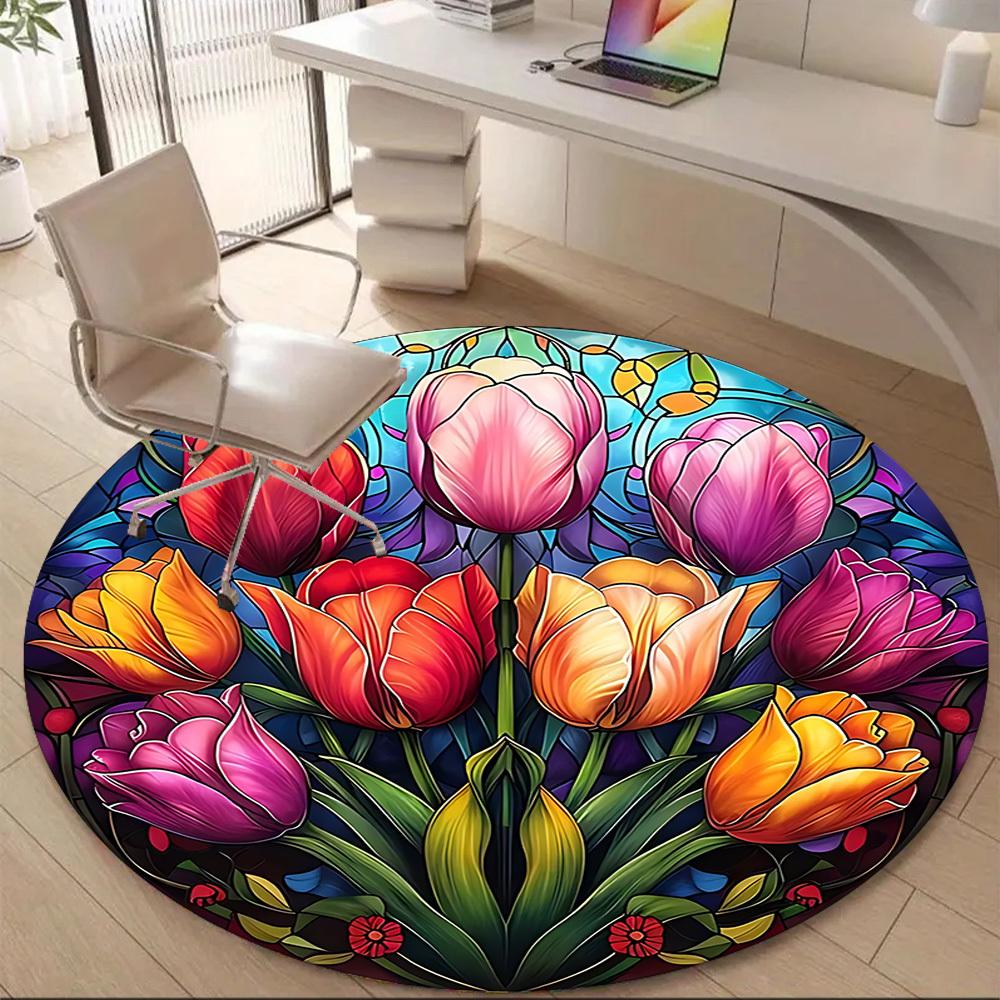 1pc Tulip StainedGlass Office Round Area Rug, Indoor Mat Suitable ForOffice, Under Office Chairs Bedroom Living Room Home Decor, D116