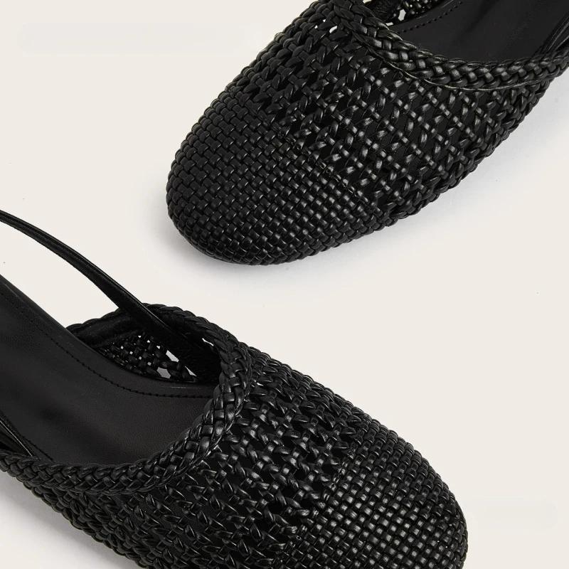Fashion Handmade Woven Black Mesh Brand Flat Sandals Women Fashion Back Strap Buckle Designer Shoes Comfort Round Toe Casual Beach Shoes