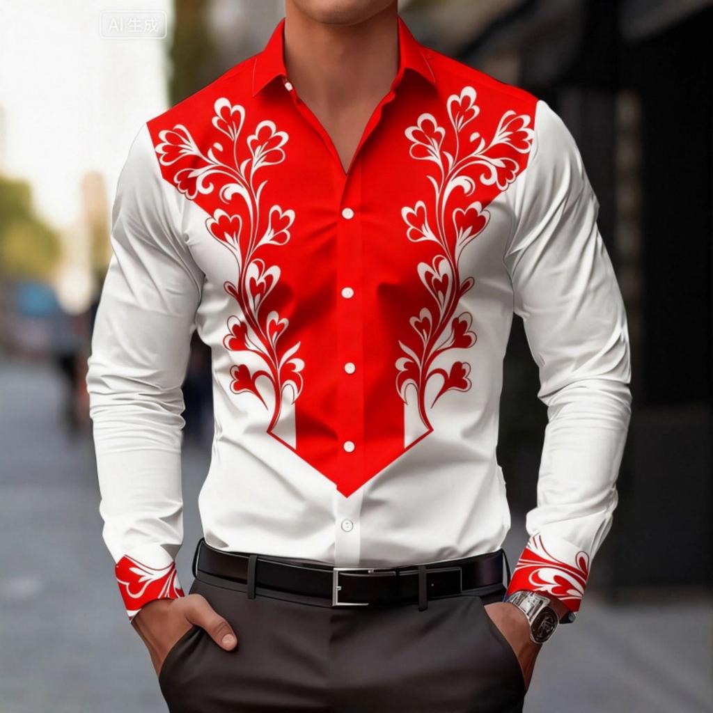Trendy Men's Long-sleeve Button-up Shirt with Intricate Decorative Floral Patterns