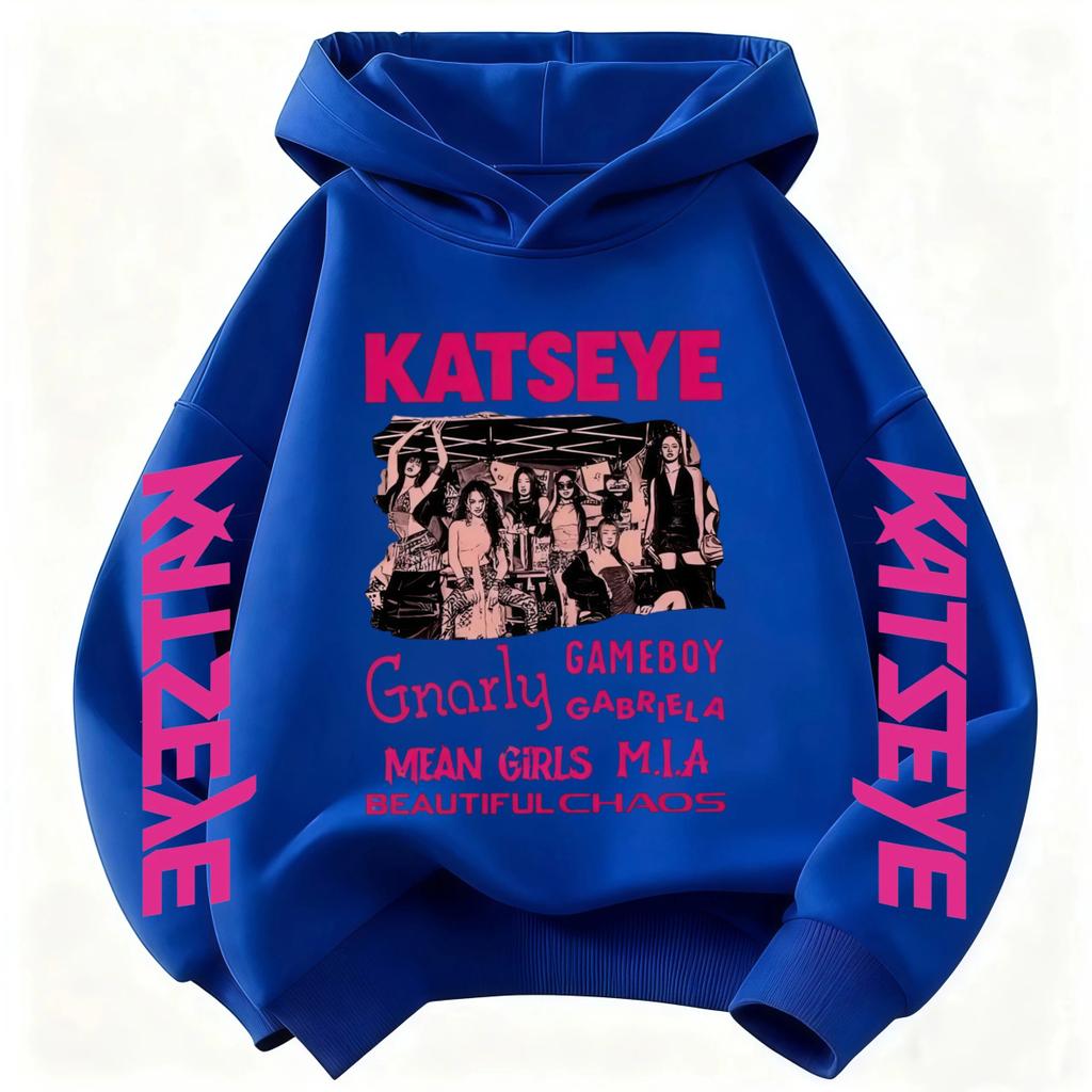 2026 Graphic Print Kids Long Sleeve Sweatshirt NEW Girls Hoodie Katseye Kpop Group Pocket Loose Casual Children Light Blue Top