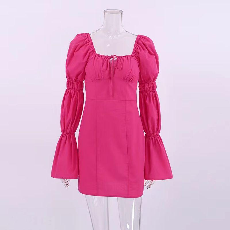 

Fashion Sexy Square-Neck Sheath Puff Sleeve Dress Square Neck Bubble Sleeved Dress Rose Red L