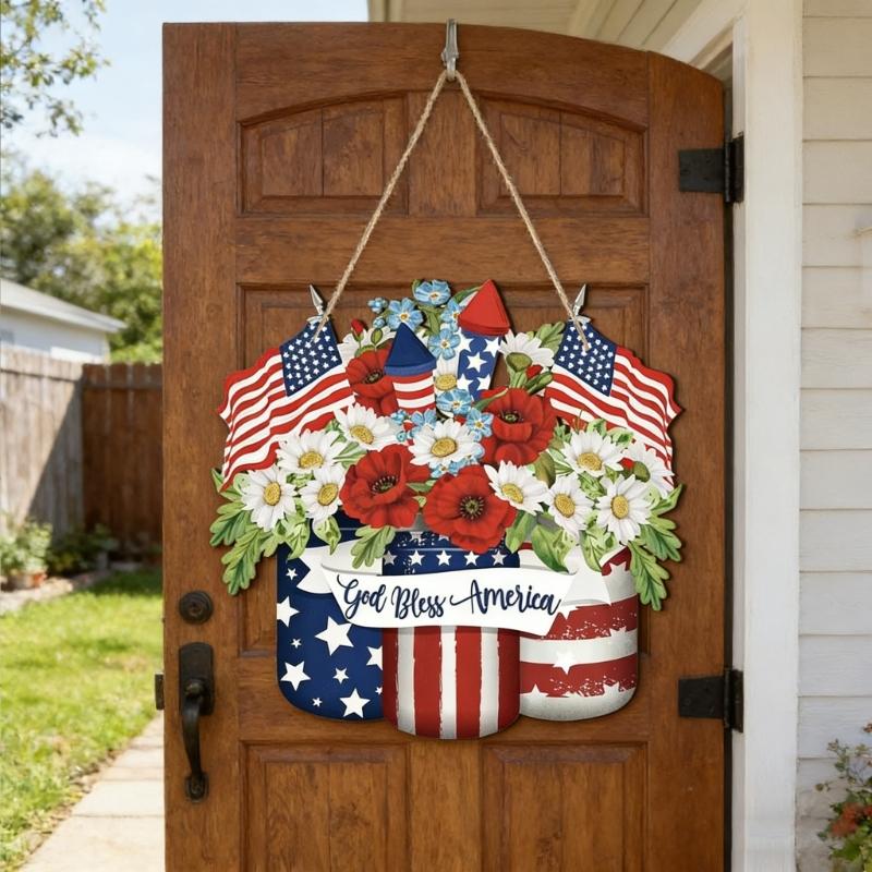 Patriotics Door Decoration Sign 4th of July Wreath for Front Door Hanger Memorial Day Wooden Hanging Sign Wood Plaque