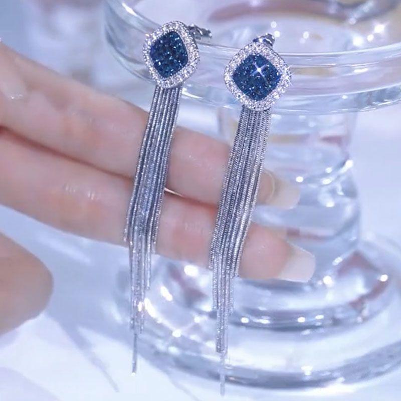 

Sterling Silver Needle Diamond Square Stud Earrings Elegant Long Fringe Earrings Stylish Easiest for Match Fancy Goddess Earrings New Arrival Silver Diamond tassel earrings