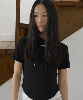 FROMWHERE Line Hoody Half T-Shirt Black