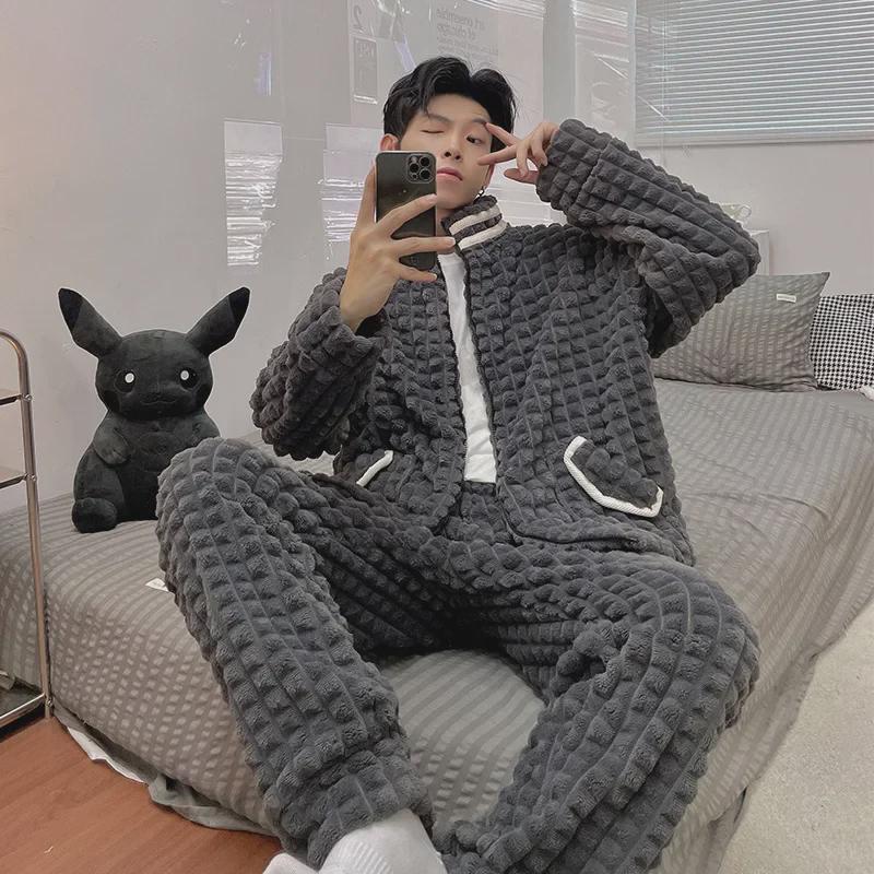 Men's V-Neck Cardigan Flannel Pajama Set - Coral Fleece, Thick, Korean Style, Large Size, 2023 Autumn/Winter