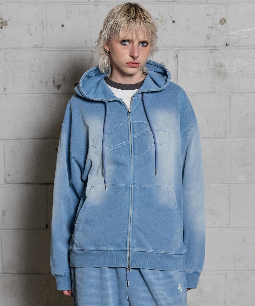 Hoodhood Clover Logo Applique Washed Denim Zip-Up Hoodie Light Blue