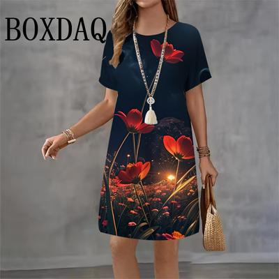 3D Flower Print Women Dress Summer Sundress Elegant Fashion Short Sleeve Dress O-Neck Loose Casual A-Line Mini Dresses