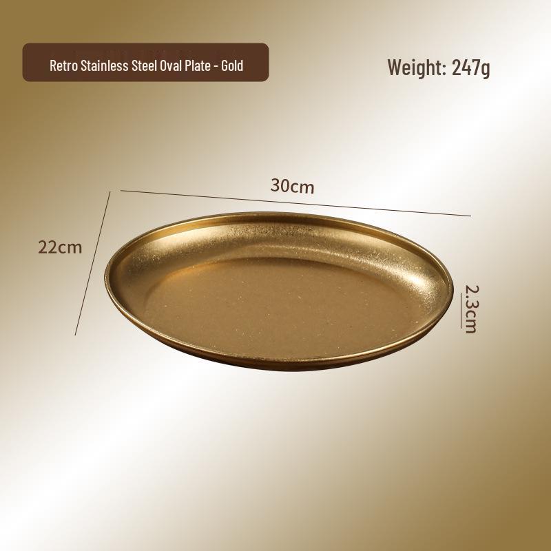 Retro Stainless Steel Egg-Shaped Oval Plate – Creative Dinnerware for BBQ, Cold Dishes, and Snacks