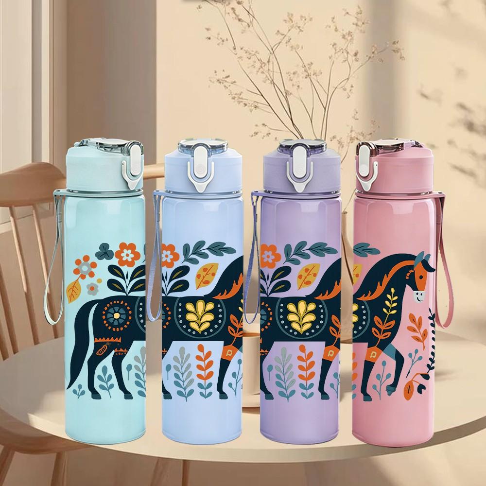 1PC Folk Art Floral Horse 750ml Color Plastic Sports Water Bottle Leakproof Flip Straw Lid Suitable for Sports Office Home Use