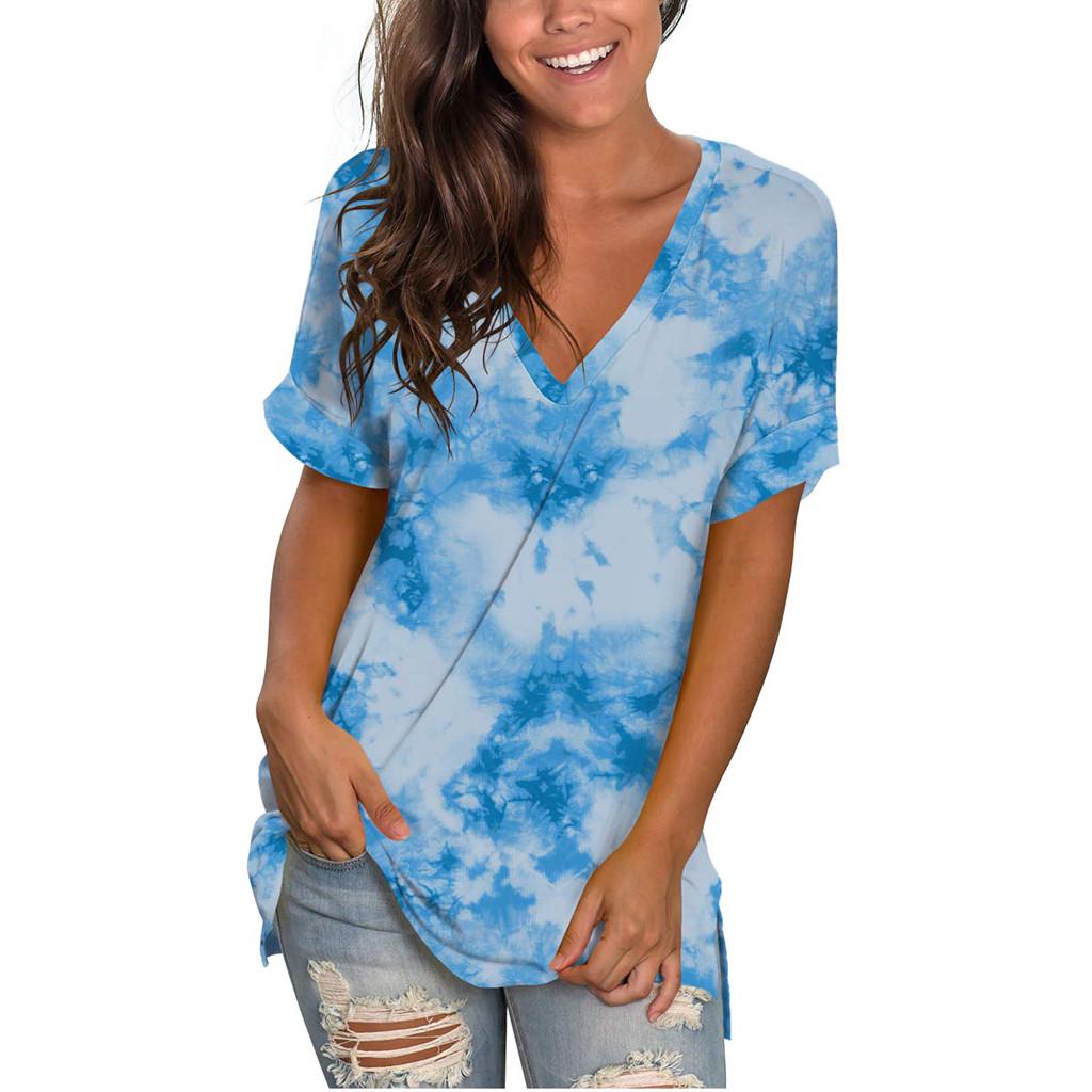 Womens Fashion Plus Size Gradient Color V-Neck Short Sleeve T-shirt Tops Blouse