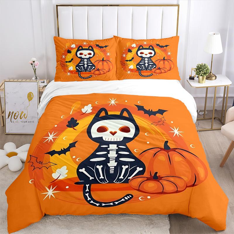 3pcs Cat Skull Halloween Elements Printed Quilt Set - Includes 1 Quilt Cover and 2 Pillowcases, Machine Washable - Suitable for All Seasons.H020