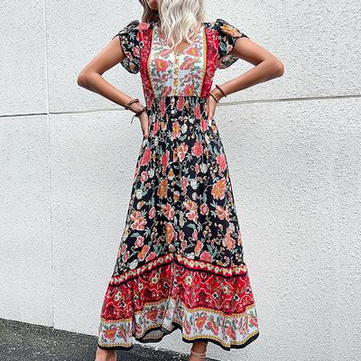 Women's Vintage Bohemia Fashion Summer Floral Print Short Sleeve V-Neck Casual Dresses