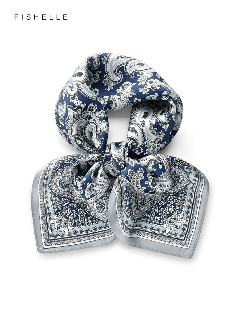 Grey Blue Paisley 100% Natural Silk  Scarf Wrap Kerchief Hijab Shawl Luxury Women Men Gift Headband Satin 65cm Neckerchief