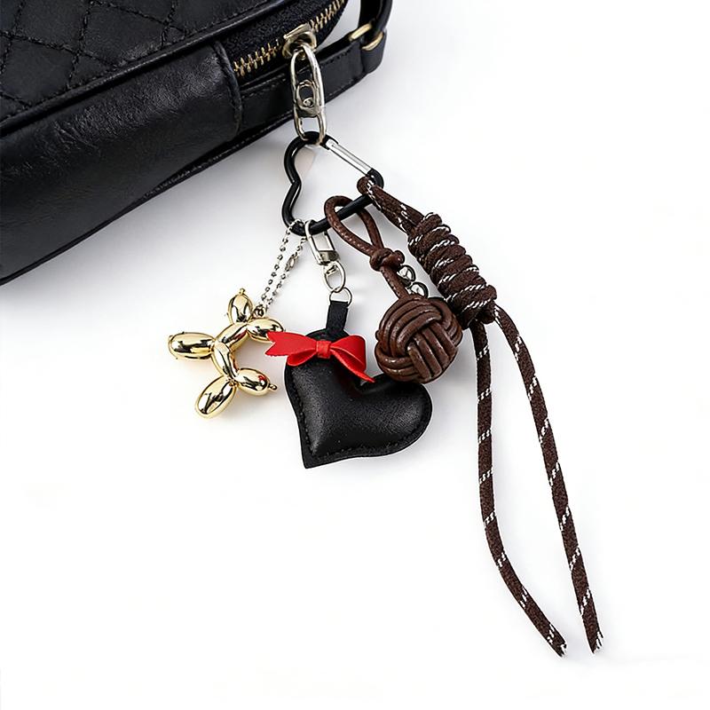 PU Leather Love Heart Bow Cat Keychain Handmade Woven Rope Keyring Y2k Bag Balloon Dog Pendant Sports Hanging Accessories