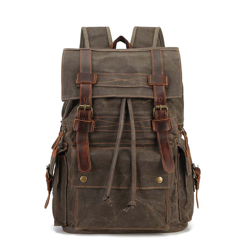 Vintage Distressed Leather Waxed Canvas Backpack Large Capacity Multiple -pockets New Waterproof Drawstring Outdoor Travel Double-Shoulder Bag