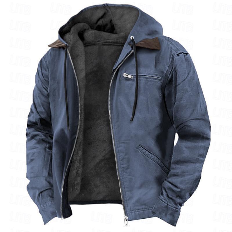 Men's Solid Color Hooded Cotton Jacket with Zipper Pockets and Plus Velvet Lining