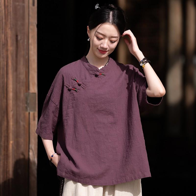 Johnature Damen Chinesischer Stil Hemden Oberteile Stehkragen Lila Halbe Ärmel Blusen Sommer Knopf Vintage Hemden