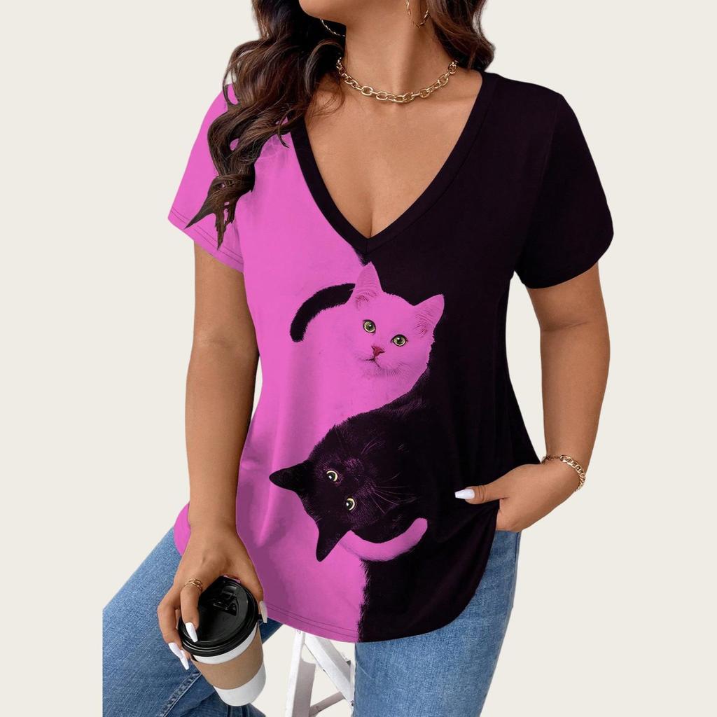 Europeisk och Amerikansk Dam Plus Size 2025 V-ringad Kattmönster Färgblock Kortärmad Casual Topp