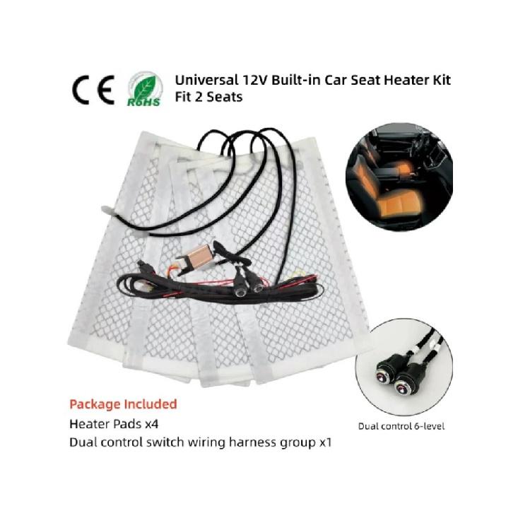 12V Built-in Car Seat Heater Kit Fit 2 Seats Universal 100W Carbon Fiber Heating Pads 6-level Dual Control Switch with Harness Carbon fiber 2Kits