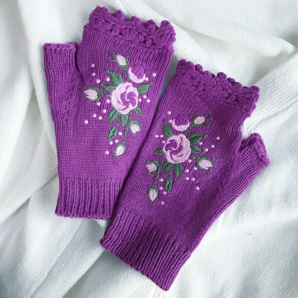 Vintage Embroidery Knitted Gloves Floral Fingerless Gloves All-Match Winter Wool Gloves  Outdoor