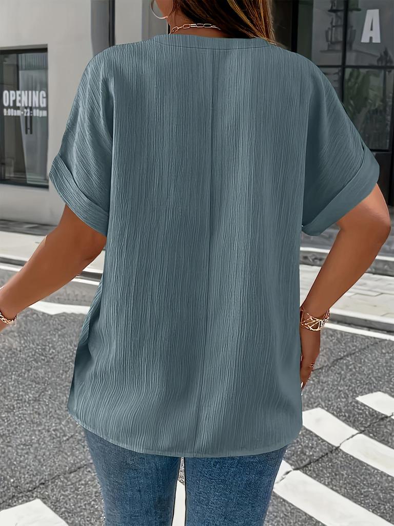 Plus Size Women's Solid V-Neck Buttoned Short Sleeve Top - Comfortable & Loose Fit, 2025 Collection.
