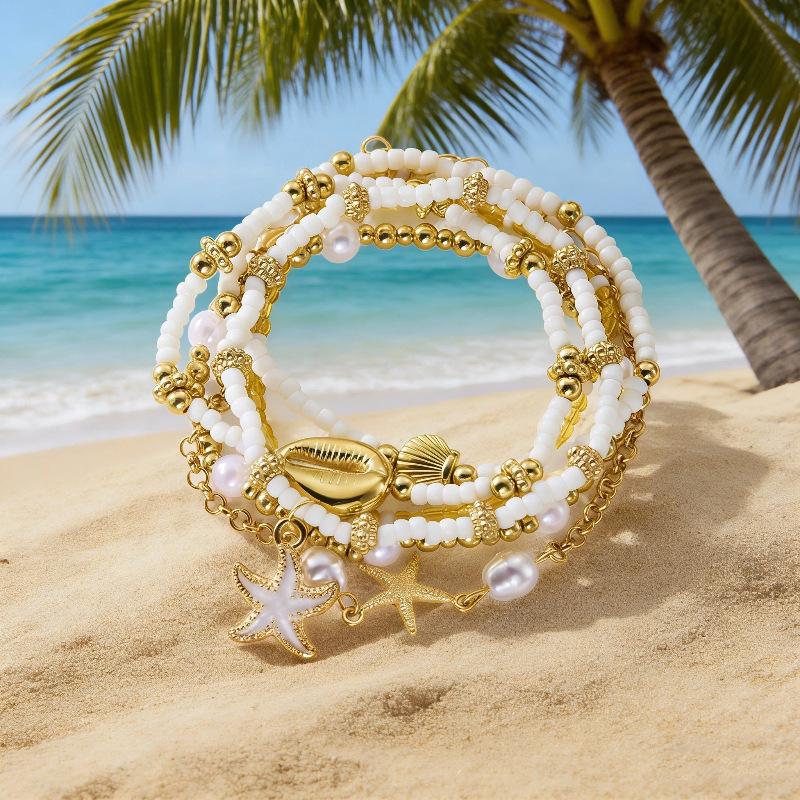 Bohemian Gold Shell & Starfish Bracelet Set, 7-Piece Beach Style Stackable Bracelets for Women