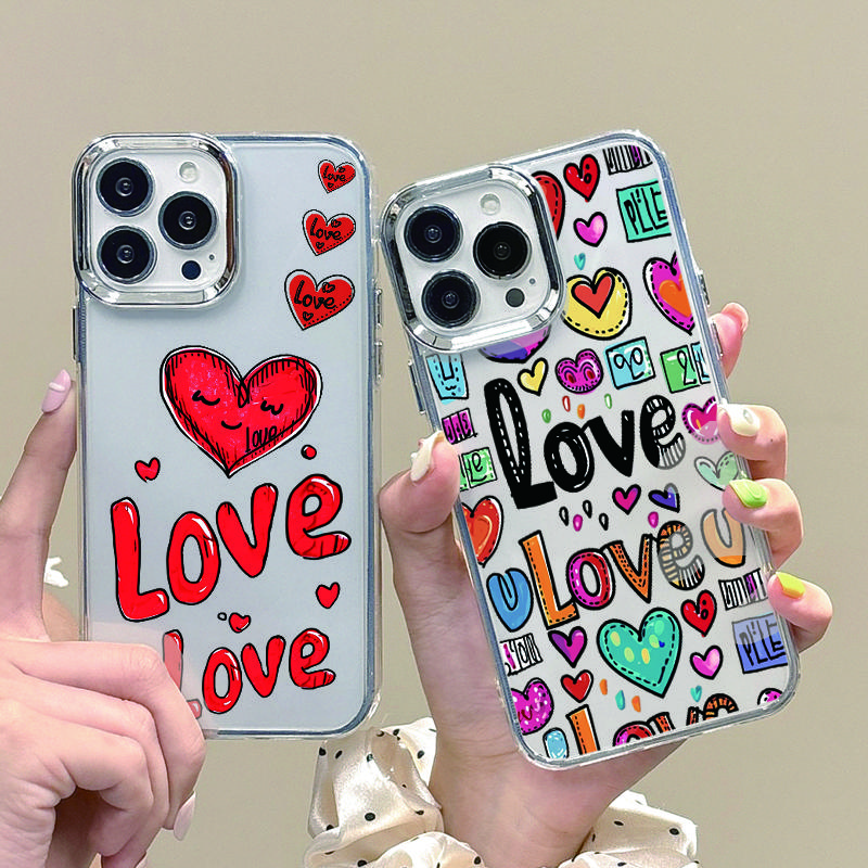 Fashion Colorful Love Hearts Print Clear Phone Case For iPhone 16 Pro Max 15 Plus 14 Pro 13 12 11 Plating Lens Protection Soft TPU Shockproof Cover