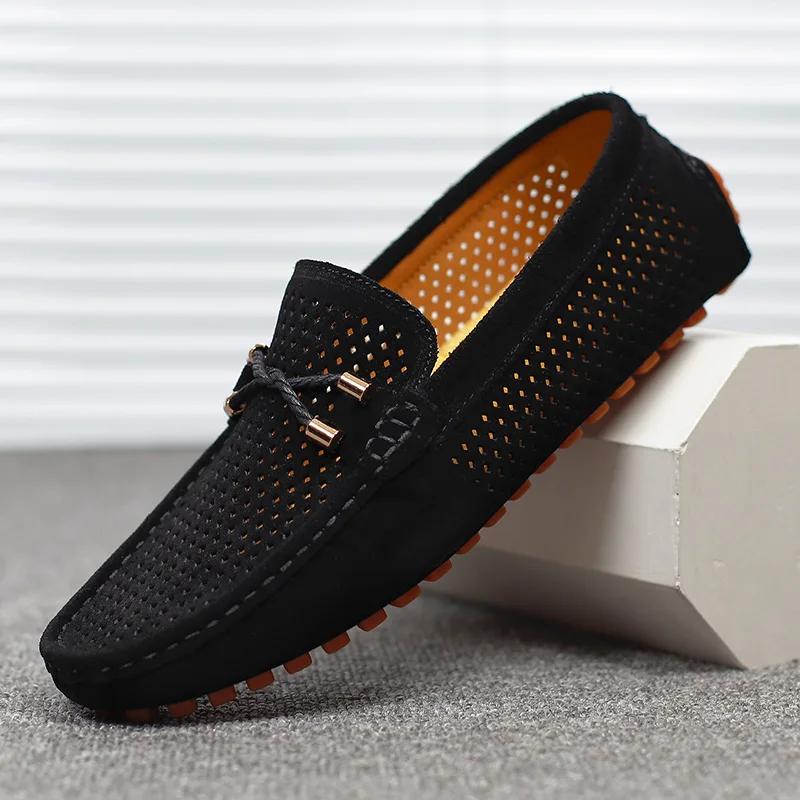 Fashion Breathable Summer Male Casual Shoes Handmade Leather Moccasins Slip on Flats Simple Boat Shoes Hollow Out Mens Driving Loafers