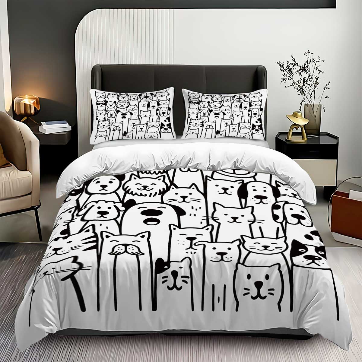 

3pcs Duvet Cover Set King Size, Cartoon Black and White Cat and Dog Pattern Print, and Bedding Set for Bedroom,Hotel 135x200cm UK Single