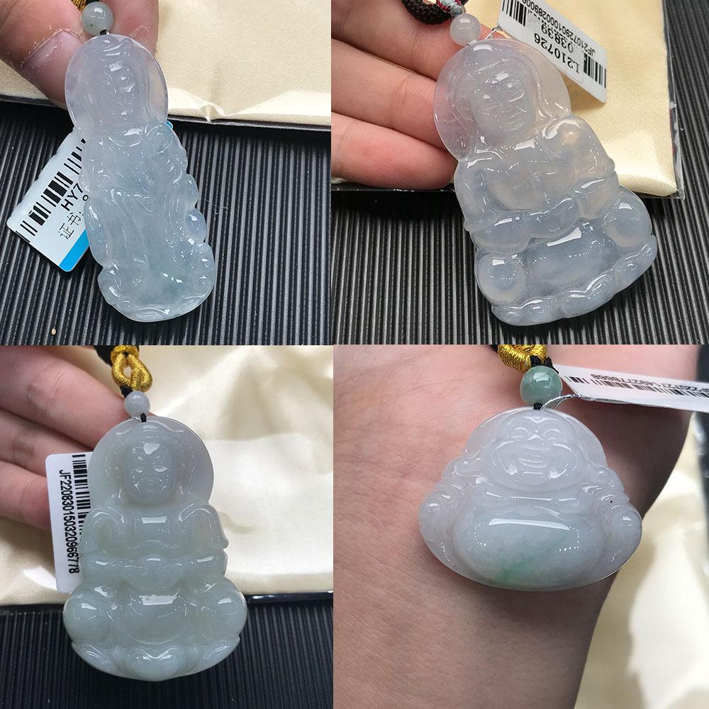 Natural Burmese A-Grade Ice-Type Jadeite Guanyin and Buddha Pendants with Transparent Jade Buckle Code: L22072903902 - Transparent Jade Buckle