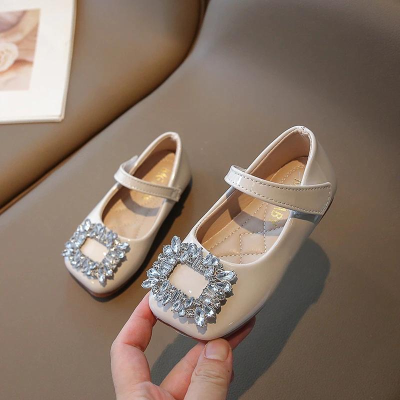 Girls Leather Shoes Chic Korean Style Rhinestones Buckle Little Big Kids Princess Mary Jane Children Fashion Dress Flats Sweet