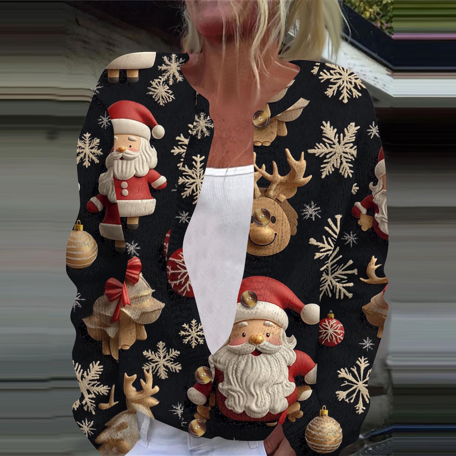 

Женская мода рождественский принт длинный рукав вязаный кардиган пуховик L чёрный