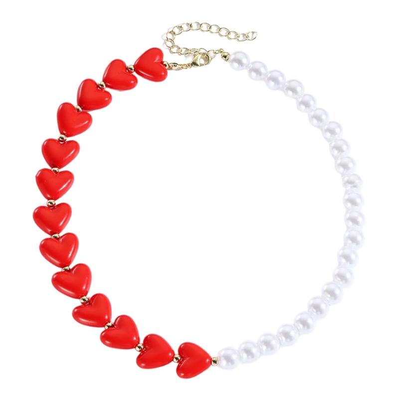 Elegant Heart Shaped Resin and Imitation Pearls Beaded Necklace Fashion Accessory for Women’s Romance Daily Wear