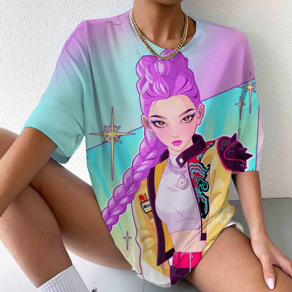 Huntrix Girls Kpop Охотницы на демонов Двусторонняя футболка Футболка в стиле аниме С изображением Руми Миры Зои Девичья группа Волшебный воин Топы для фанатов