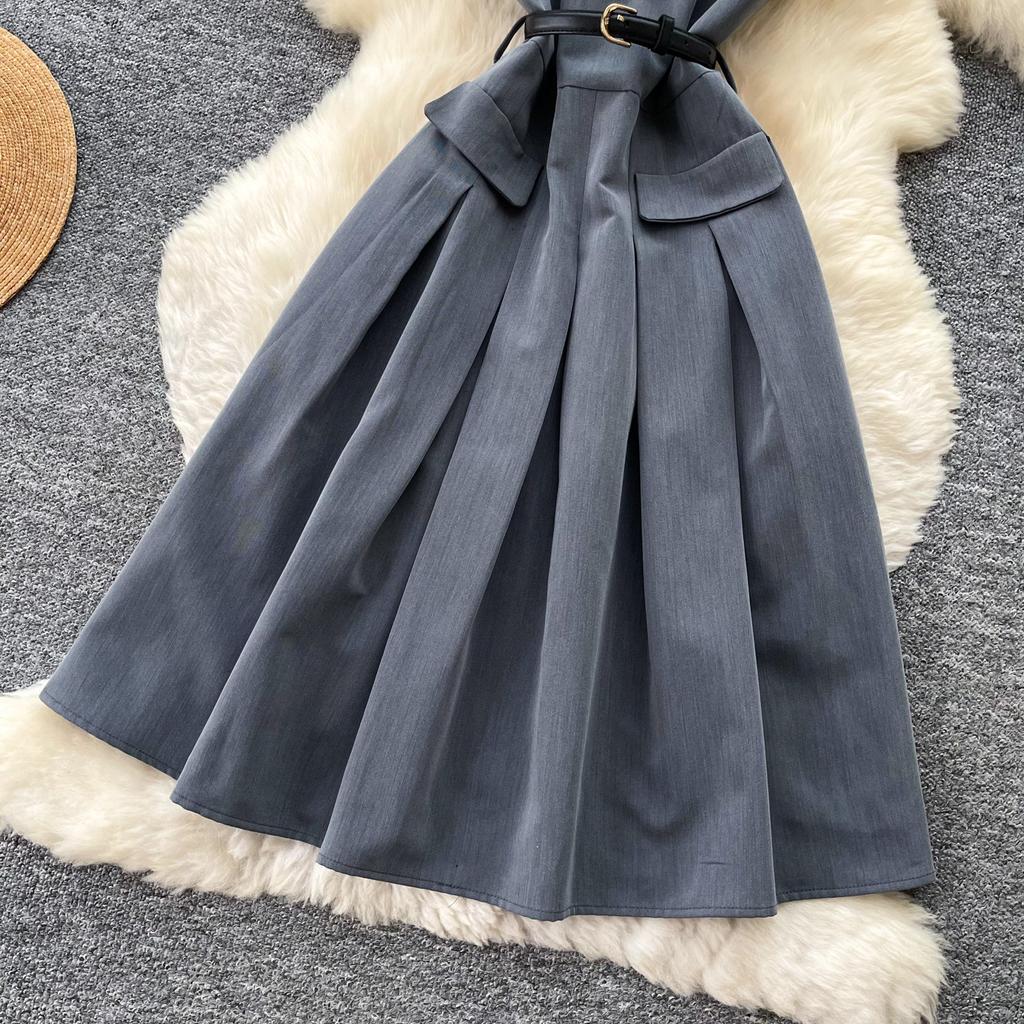 Salt wear commuter sleeveless lapel dress women's summer waist thin pleated skirt elegant temperament slim dress