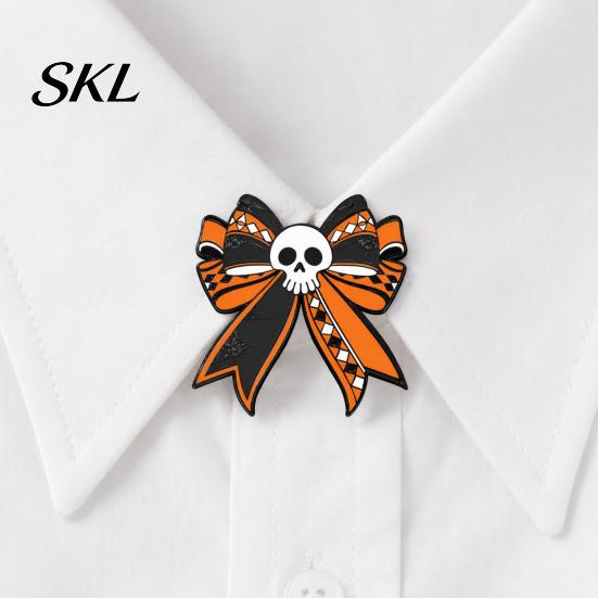 Thickened Metal Brooch Pin, Enamel Skull Bow Design Brooch, Halloween Style Snap-On Bright Color Pin Badge for Backpacks Collars Hats Holiday
