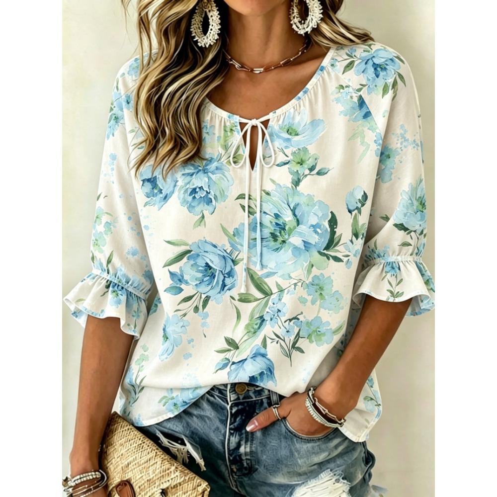Women's Watercolor Blue Floral Print Tie Front Blouse, Casual Loose Top for Spring Summer Daily