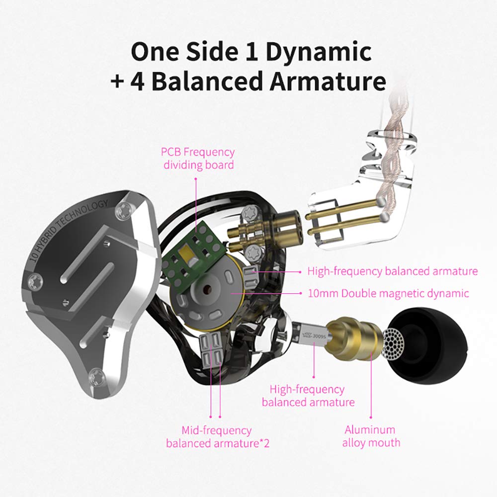 Yinyoo KZ ZS10 PRO Wired HiFi Hybrid No In-Ear Earphones, 4BA+1DD In-Ear Monitors, 2-Pin 0.78mm Earphones, Re-cabled, High-Fidelity Sound, Closed-Back