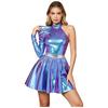 Women Halloween Cosplay Dress 80s Disco Metallic Mock Neck One Shoulder Long Sleeve Back Zip Asymmetrical Gown for Party