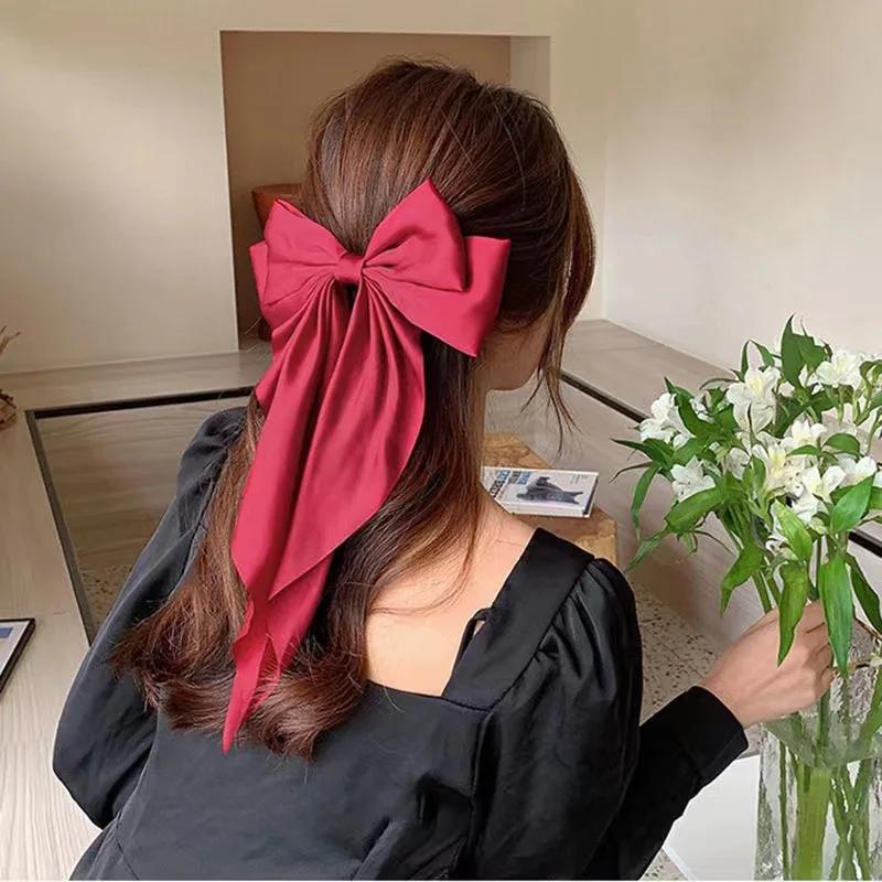 New Women Large Bow Hairpin Summer Chiffon Big Bowknot Stain Bow Barrettes Women Solid Color Ponytail Clip Hair Accessories