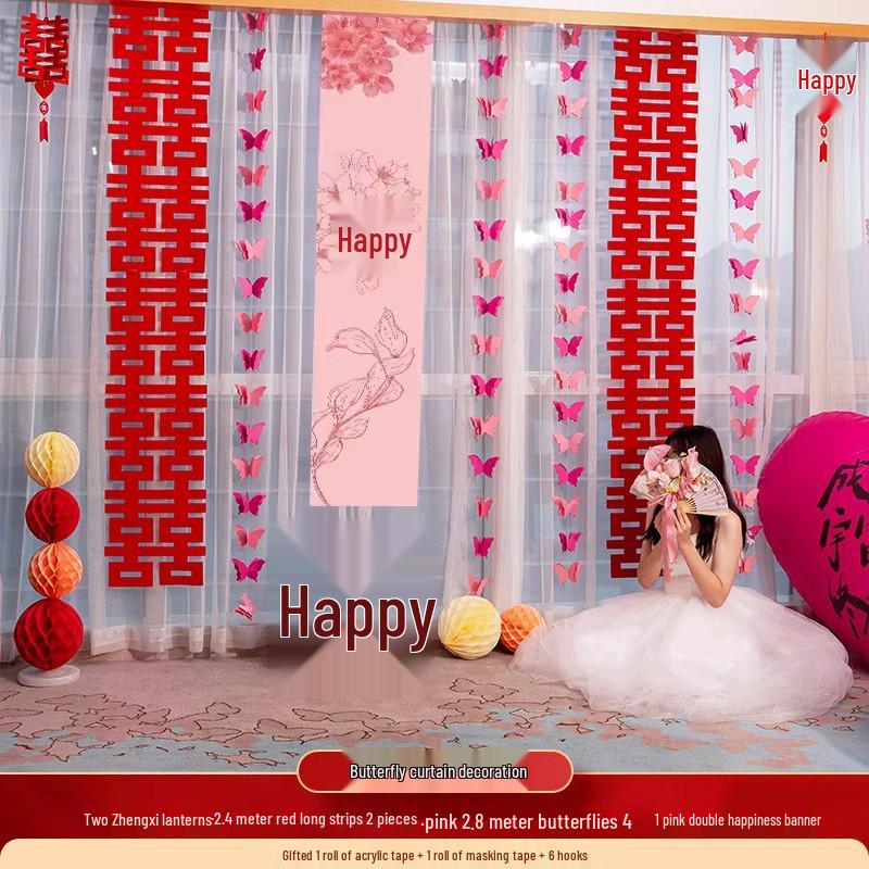 Wedding Room Decor Set: Double Happiness Curtains, Bay Window Trim, Bedroom Bows