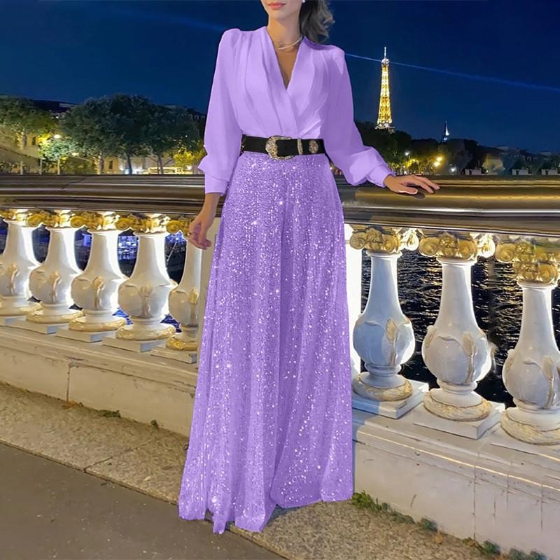Women's Jumpsuit Fashion V-neck Long Sleeved Shirt with Elegant Temperament Slim Waist and Sequin Wide Leg Pants