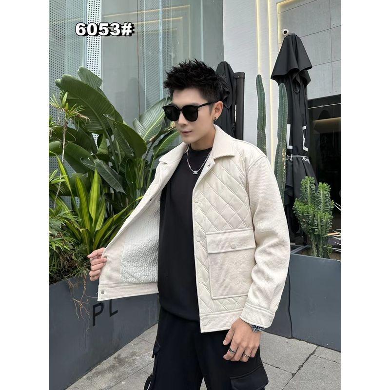 Trade Clearance Trendy Fleece-Lined Leather Jacket for Men, New Autumn and Winter Style, Turn-Down Collar, Diamond Pattern, Casual Workwear Coat
