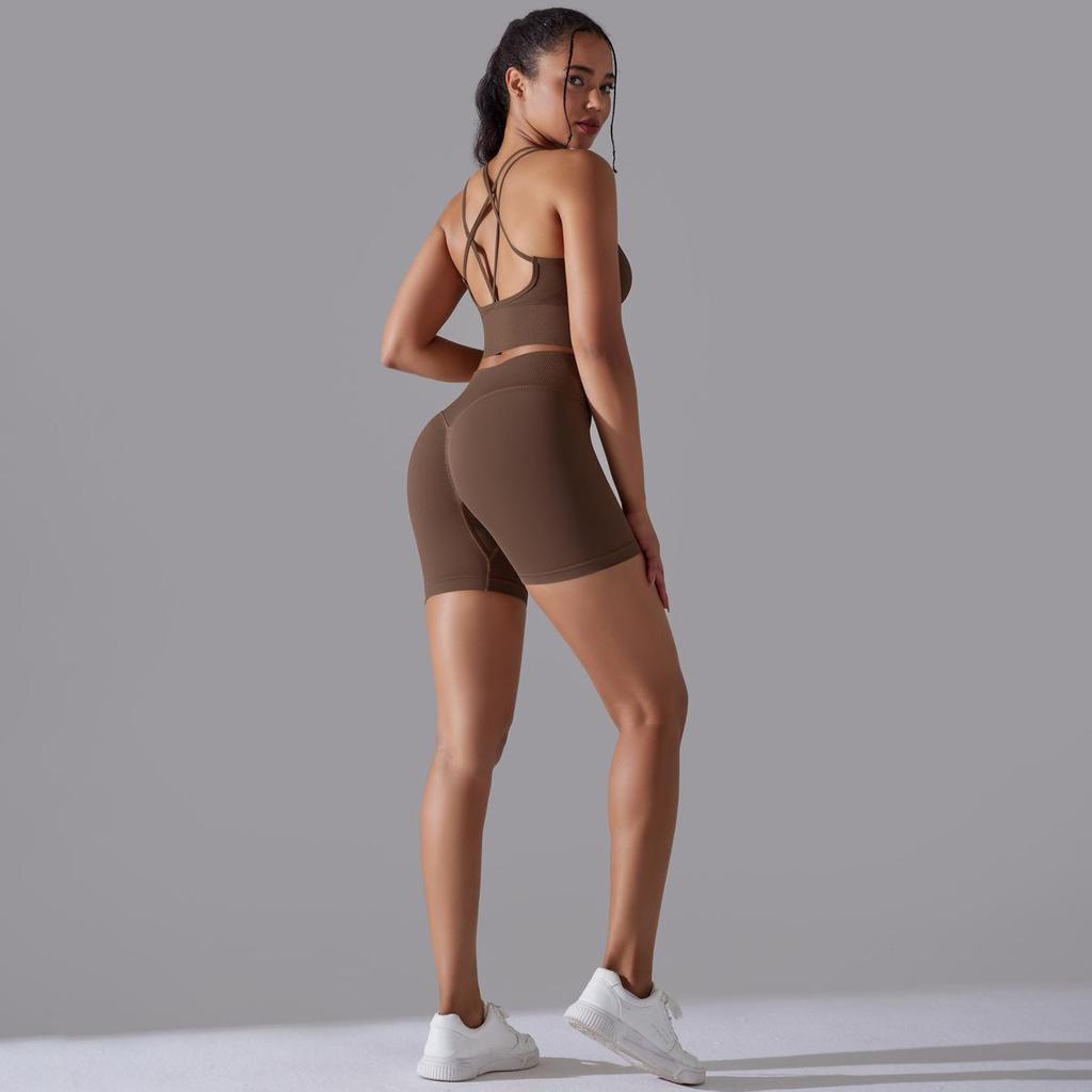 Seamless Knitted Solid Color Back High Elasticity Sports Tight Yoga Suit Set Running Fitness Two Piece Set