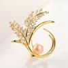 Elegant Copper Inlaid Zirconia Leaf Brooch with Freshwater Pearl
