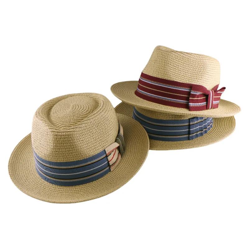 S/S New Fedora Straw Hat With Wide Striped Band, Woven Sun Hat For Men Women