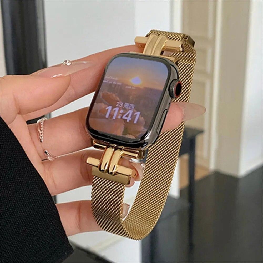 Leopard Print Magnetic Women Gold Wristband for Apple Watch Band Ultra 3 49mm For iWatch Series 11 10 9 8 7 SE3 46mm 44/45/40/38mm Strap Lady Bracelet