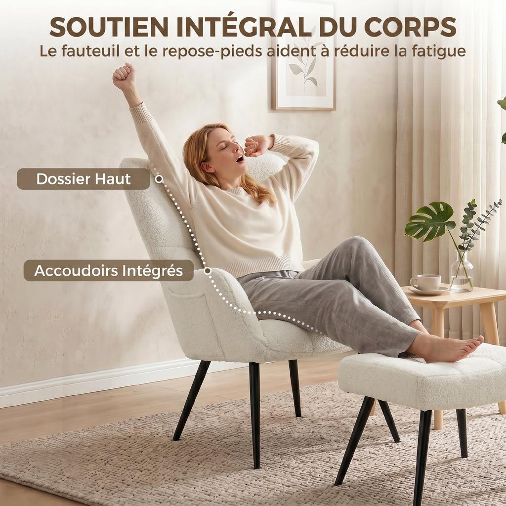 Lounge Chair with Footrest, Plush Teddy Upholstered Accent Chair, High Back, Side Pockets, Beige